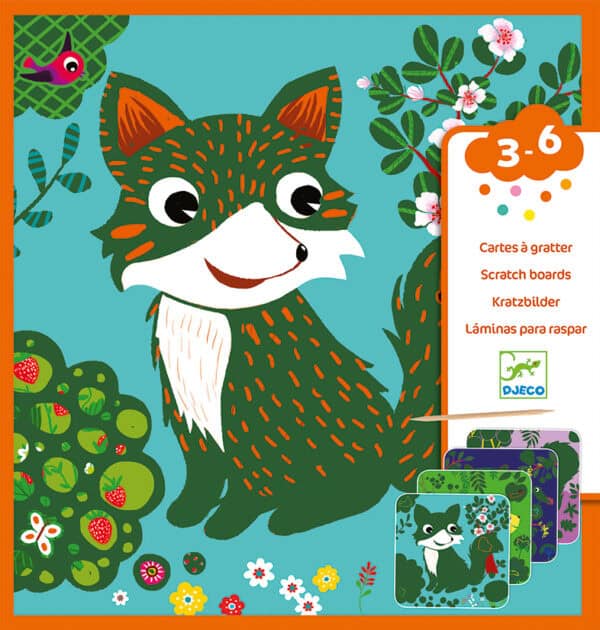 Smiling green fox illustration with colorful flowers.