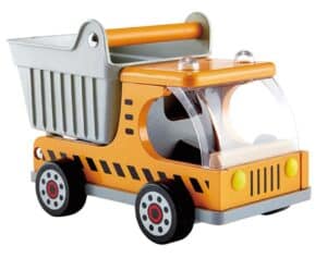 Wooden toy dump truck with orange details