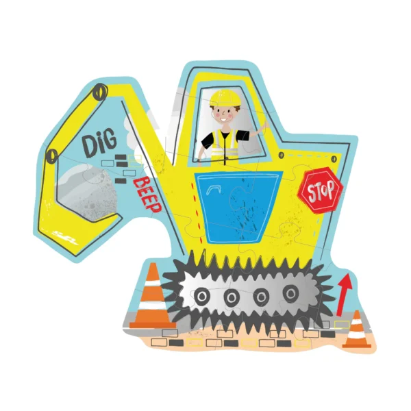 Cartoon construction excavator with operator and stop sign.