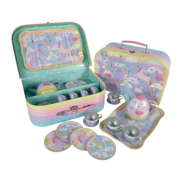 Colorful unicorn tea set in carrying case.