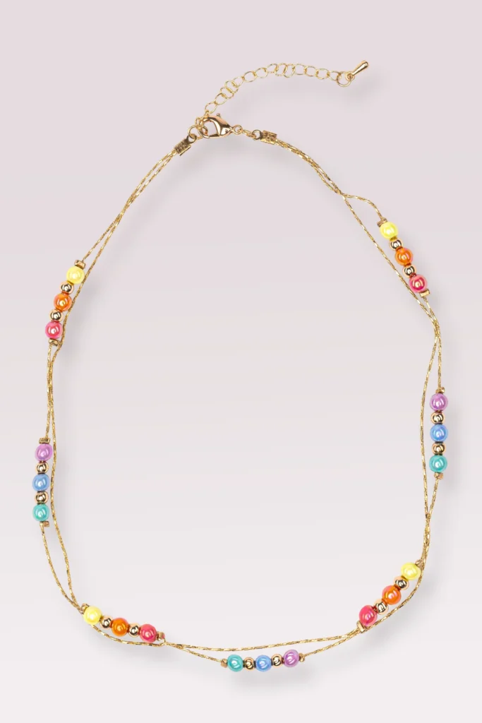 Colorful beaded necklace with gold chain clasp