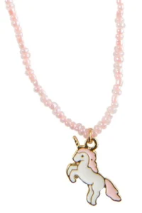 Pink beaded necklace with unicorn charm
