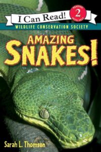 Green snake on 'Amazing Snakes!' book cover.
