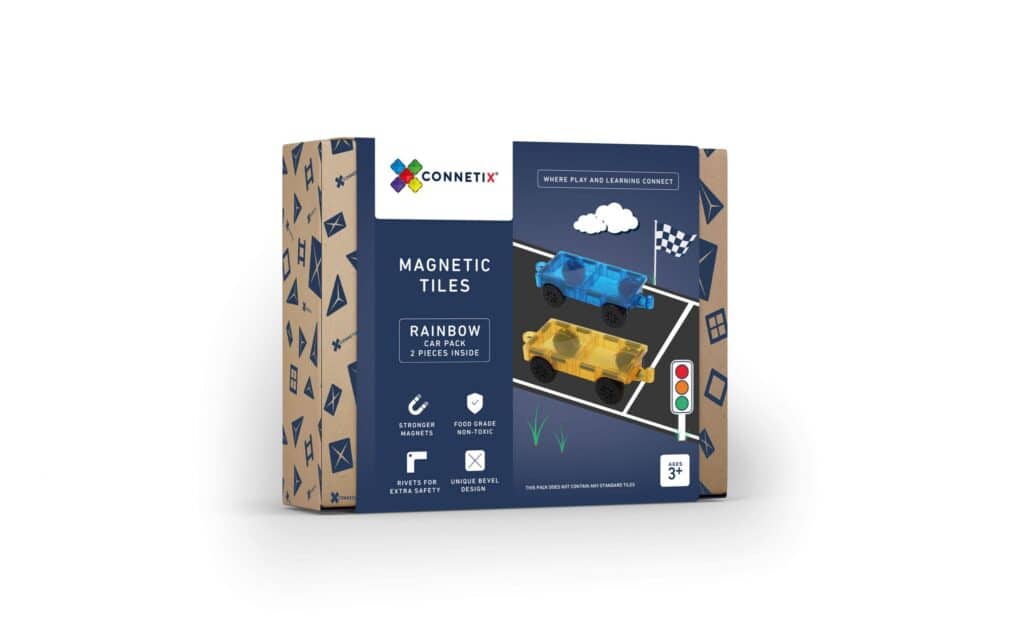 Connetix rainbow magnetic car pack for children.