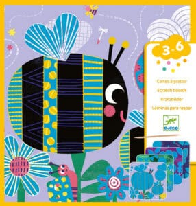 Colorful bee and flowers illustration for kids' scratch boards.