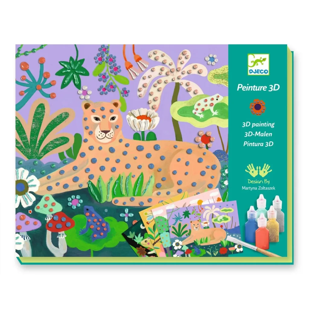 Colorful 3D painting kit with leopard design.