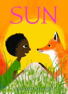 Child and fox under vibrant sun illustration.