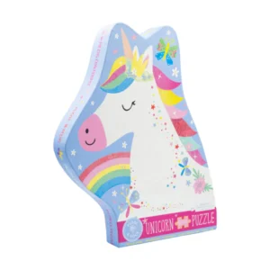 Colorful unicorn puzzle box with rainbows and butterflies.