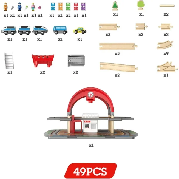 49-piece toy train set with tracks and figures.
