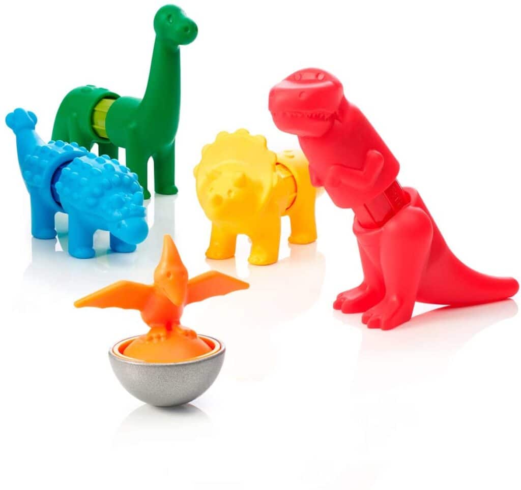 Colorful dinosaur toy figures on display