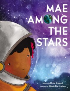 Girl in spacesuit with Earth in background.