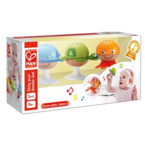 Hape baby rattle set with colorful animal designs.