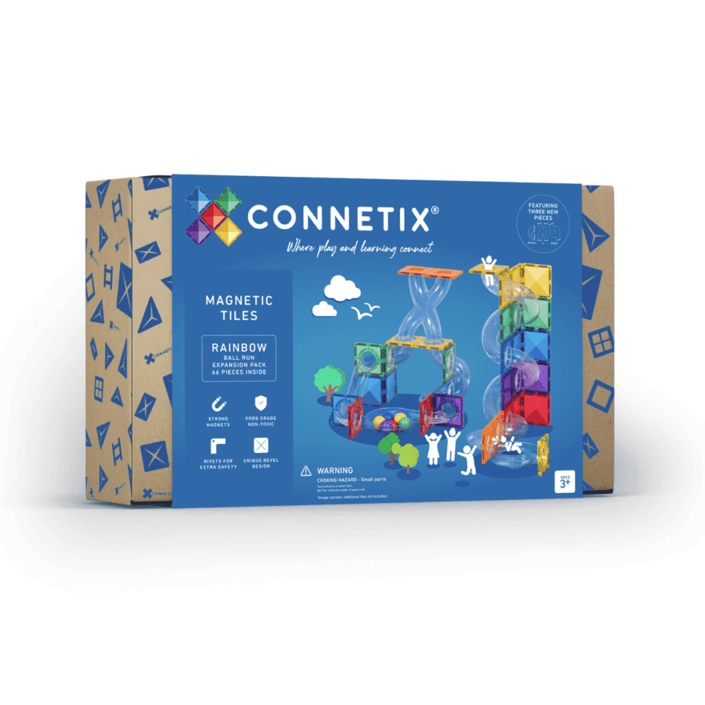 Connetix magnetic tile set for kids, rainbow design.