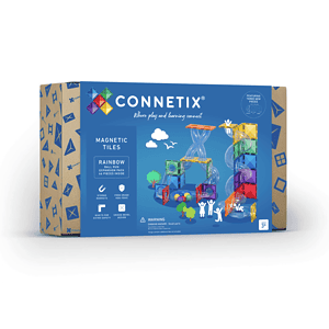 Connetix magnetic tile set for kids, rainbow design.
