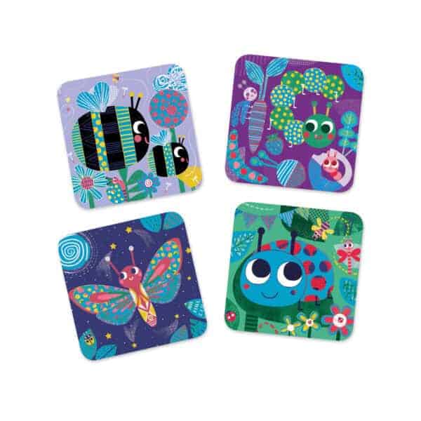 Colorful cartoon insect illustrations on square coasters.