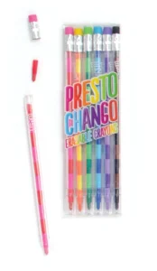 Colorful erasable crayons set with refills and erasers.