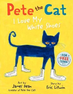 Pete the Cat children's book cover, yellow background.