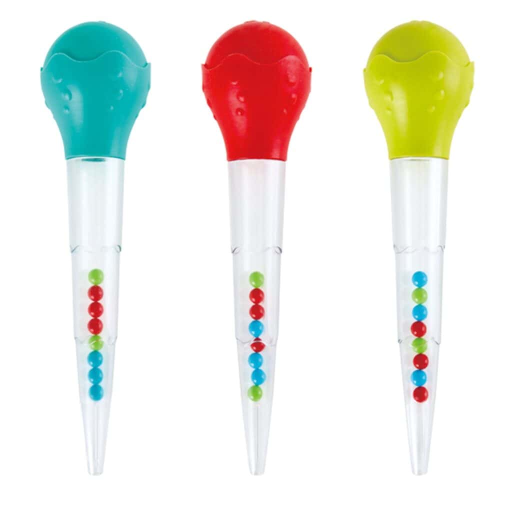 Colorful baby sensory toys with beads in tubes.