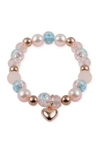Beaded bracelet with heart charm and pastel colors.