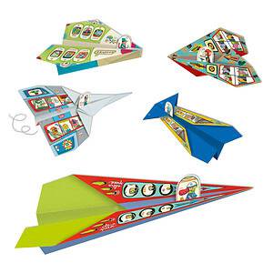 Colorful paper airplanes with retro designs.