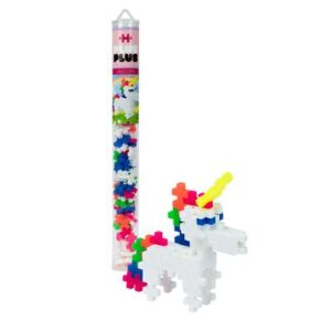 Colorful puzzle unicorn toy with packaging tube.