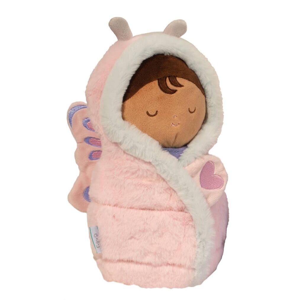 Plush doll in pink butterfly-themed outfit