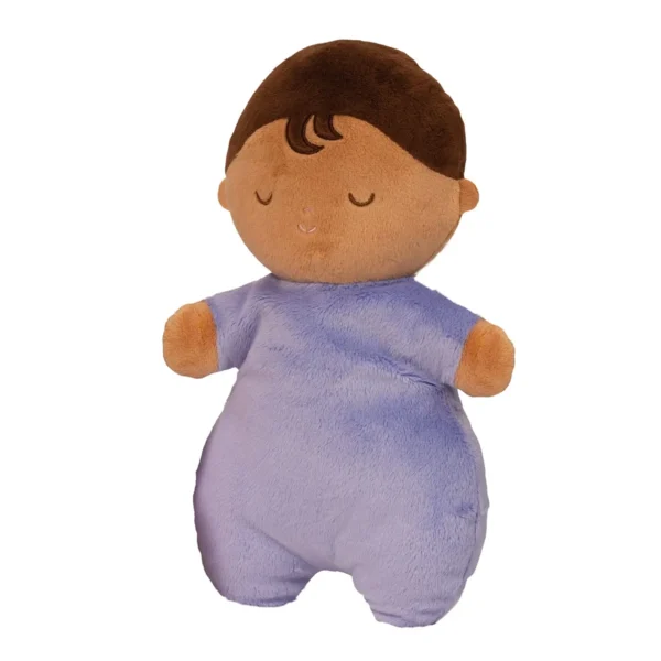 Plush baby doll in purple pajamas