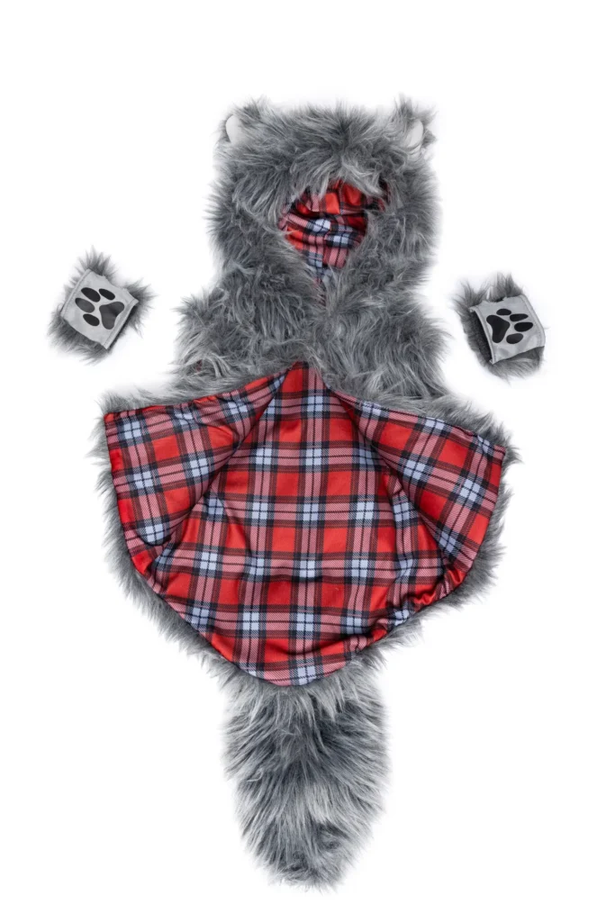 Gray wolf-themed plaid fur hood and mittens
