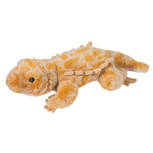 Fluffy lizard plush toy with yellow spots