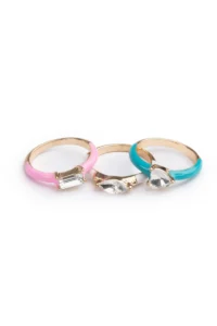 Three colorful rings with gemstones on white background.