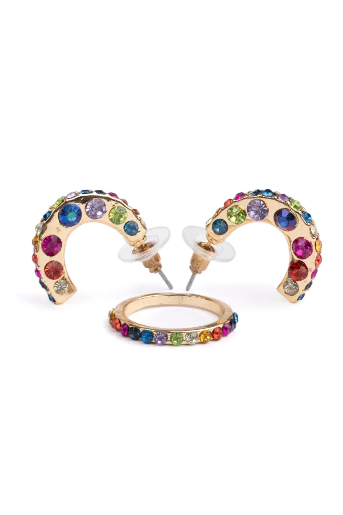 Colorful crystal jewelry set on white background