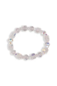 Clear crystal beaded bracelet on white background.