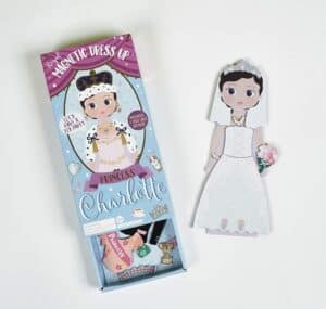 Princess Charlotte magnetic dress-up toy in wedding gown.