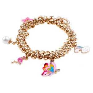 Gold bracelet with colorful charms including butterfly.