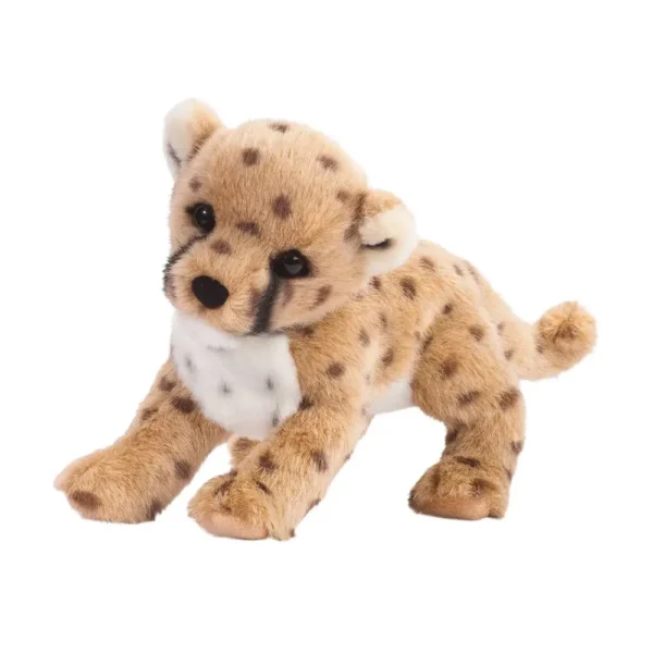 Plush cheetah toy with spots, cute and soft.