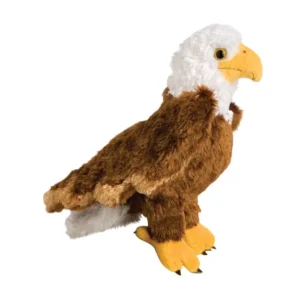 Stuffed animal bald eagle toy on white background.