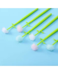 Colorful pom-pom pens on blue background.