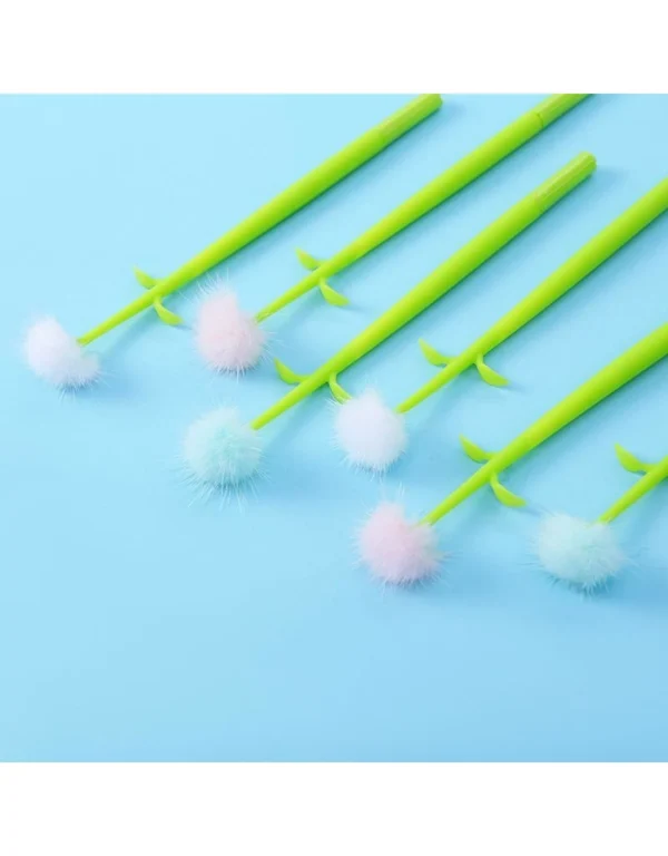 Colorful pom-pom pens on blue background.