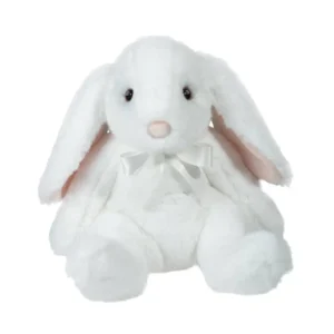 White plush bunny with pink ears and bow.