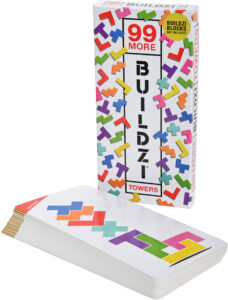 Colorful Tetris-like puzzle game box and cards.