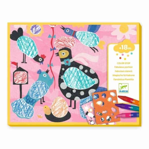 Colorful bird stencil art kit for toddlers.