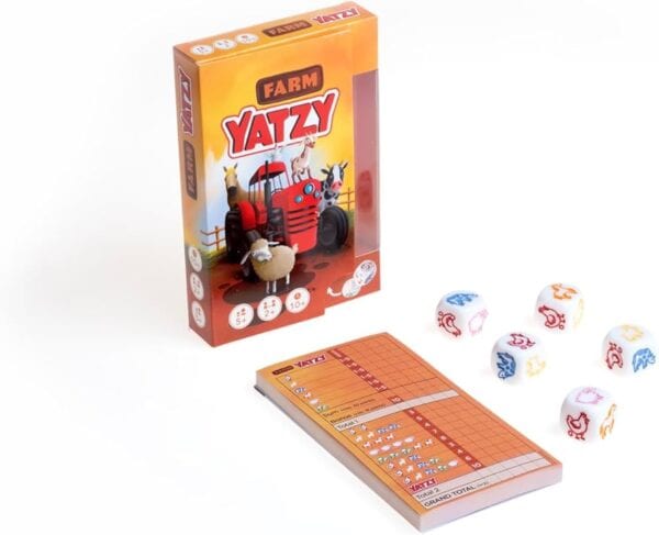 Farm themed Yatzy game with dice and scorecard.