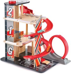 Wooden car ramp toy with spiral tracks