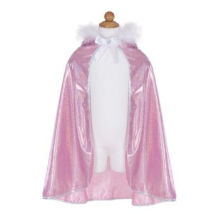 Pink cape with white fur trim and bow