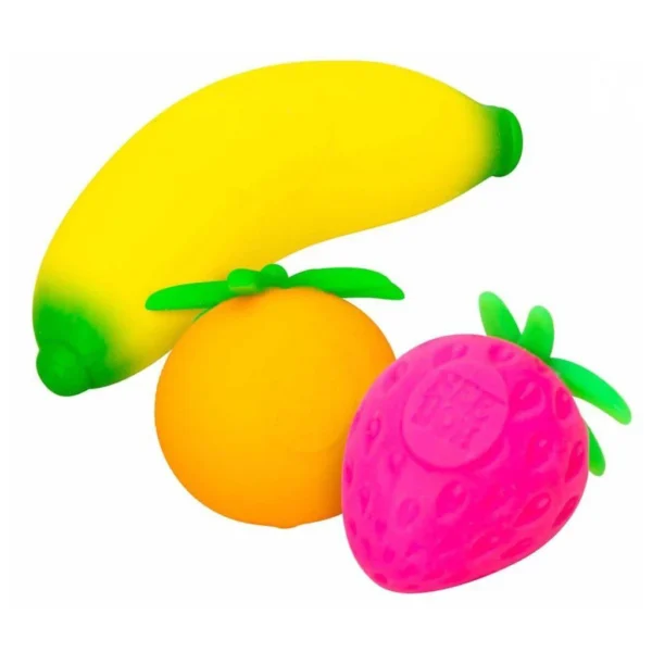 Colorful fruit-shaped stress balls grouped together