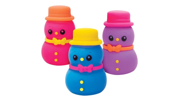 Colorful snowman toys with hats and buttons.