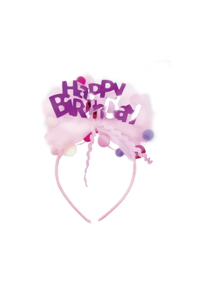 Pink birthday headband with decorative text.