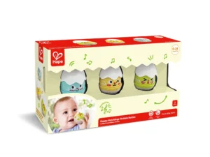 Hape baby rattles packaging, colorful wobble toys.