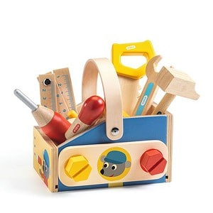 Wooden toy toolbox with colorful tools for kids.