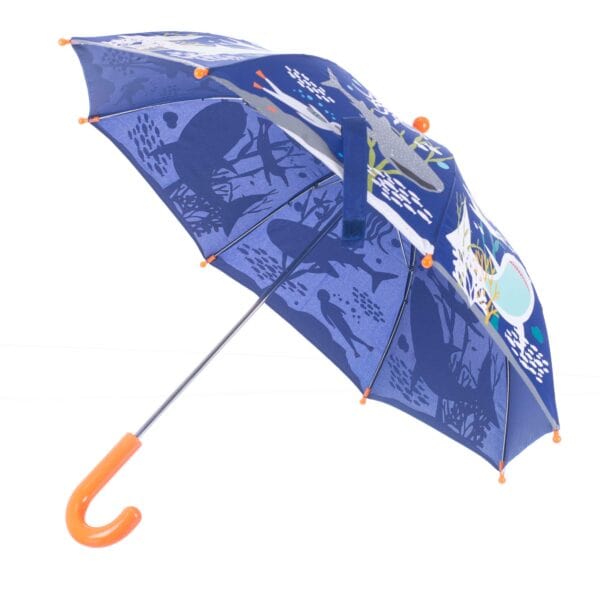Blue umbrella with whale pattern, orange handle.